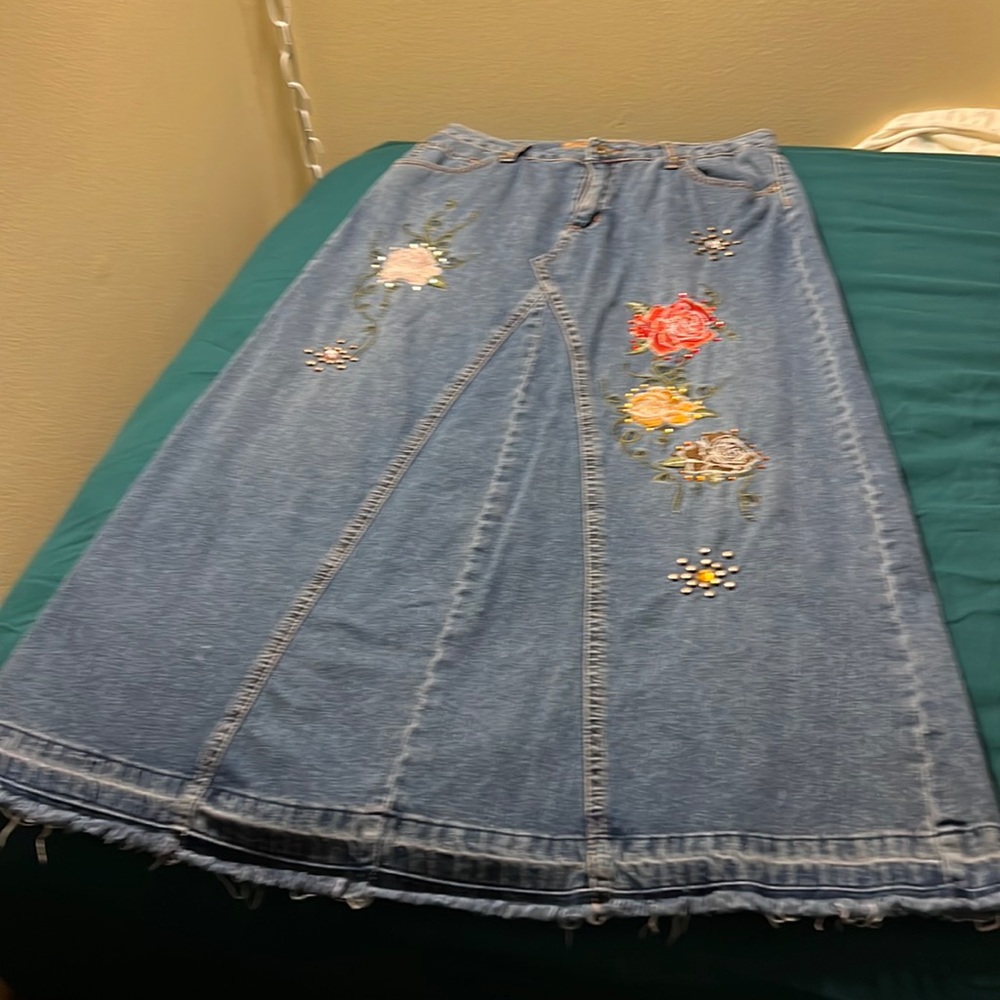 Vintage D mobe jean long skirt with bling and rhinestone and patches 100% cotton